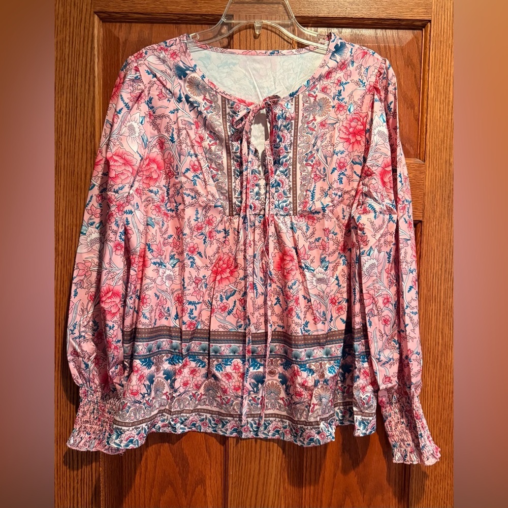 Boho Floral Peasant Blouse XL Pink Smocked Sleeves Tie Neck Top NWOT - Picture 3 of 13